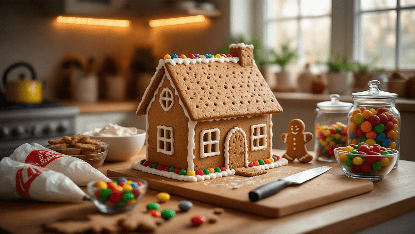 A cozy kitchen workspace featuring a graham cracker gingerbread house under construction, with golden-brown graham crackers, piping bags of white royal icing, and vibrant candies in glass bowls, illuminated by soft natural and warm LED lighting.