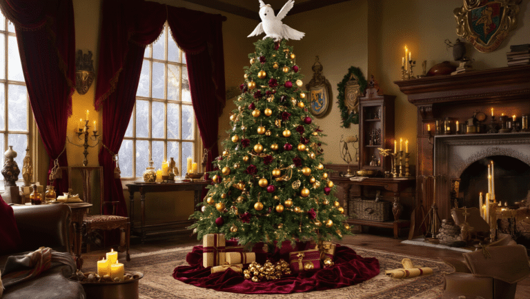 A cozy living room features a Gryffindor-themed Christmas tree adorned with burgundy ribbons and gold ornaments, with a snowy Hedwig at the top, floating LED candles, and vintage potion bottles. Warm mahogany furniture, leather-bound books, and a deep crimson rug enhance the enchanting atmosphere, while a winter landscape glows softly through large windows.