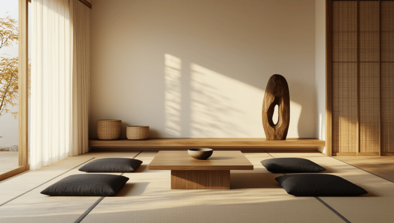 Photorealistic Japanese minimalist living room with warm golden hour lighting, featuring low charcoal cushions, walnut coffee table, bamboo storage, and natural textures against cream walls, creating a serene and elegant atmosphere.
