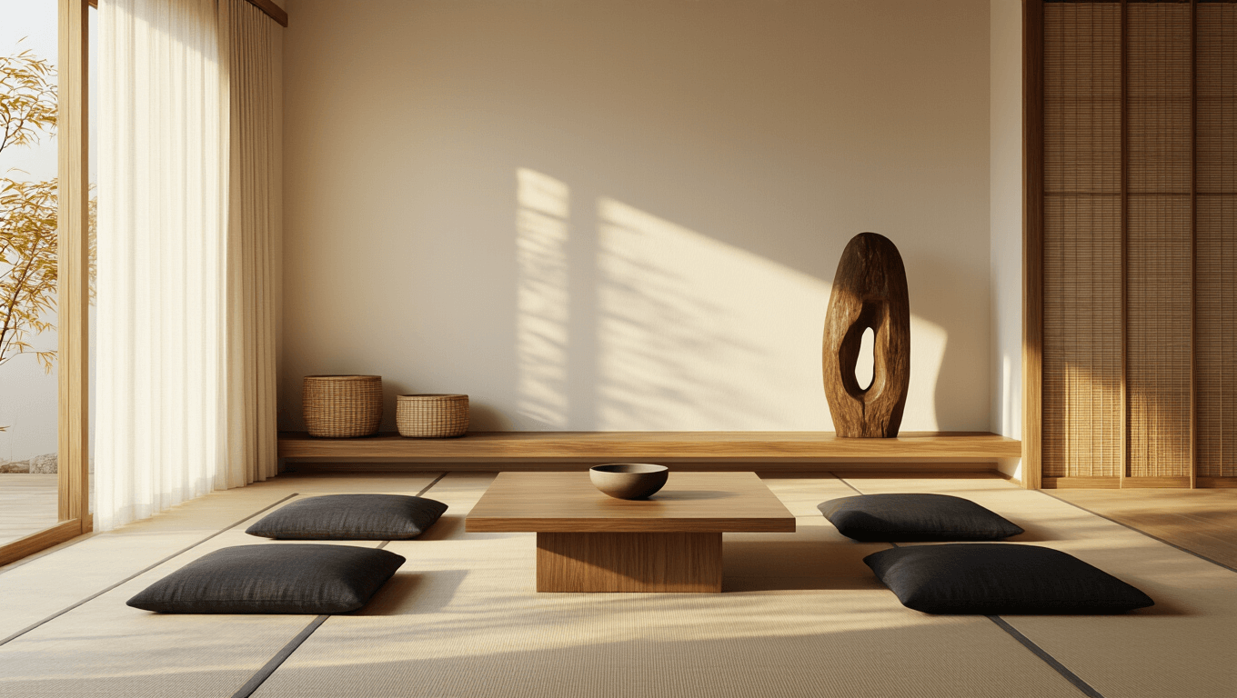 Photorealistic Japanese minimalist living room with warm golden hour lighting, featuring low charcoal cushions, walnut coffee table, bamboo storage, and natural textures against cream walls, creating a serene and elegant atmosphere.