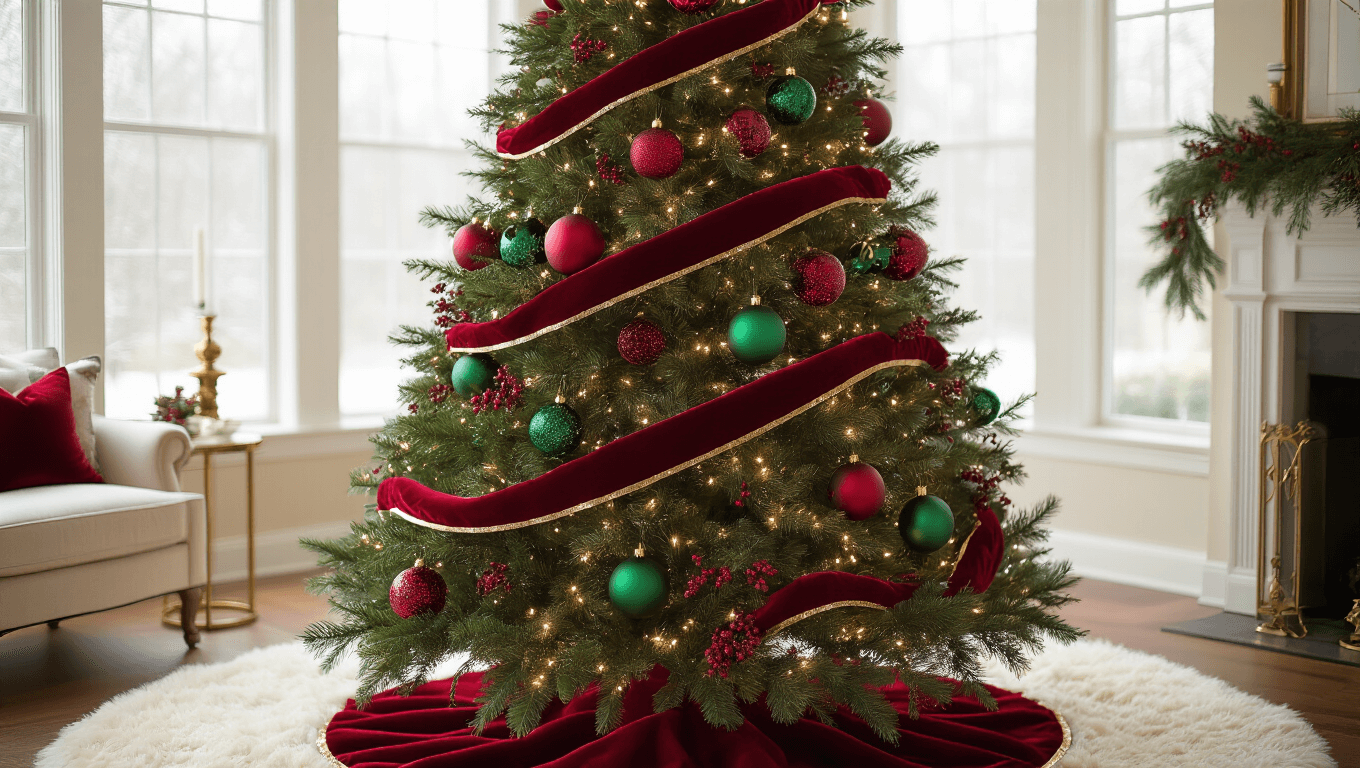 A luxurious 7.5-foot Fraser fir Christmas tree adorned with deep cranberry red and emerald green ornaments, cascading red velvet ribbon, and warm white lights, set in an elegant living room with bay windows, hardwood floors, and gold-trimmed furniture.