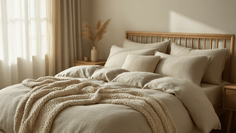 Ultra-realistic luxury bedroom featuring layered bamboo and linen bedding, memory foam pillows, and a chunky knit throw, bathed in warm morning light with a serene color palette of sage and cream, creating a cozy, inviting atmosphere.