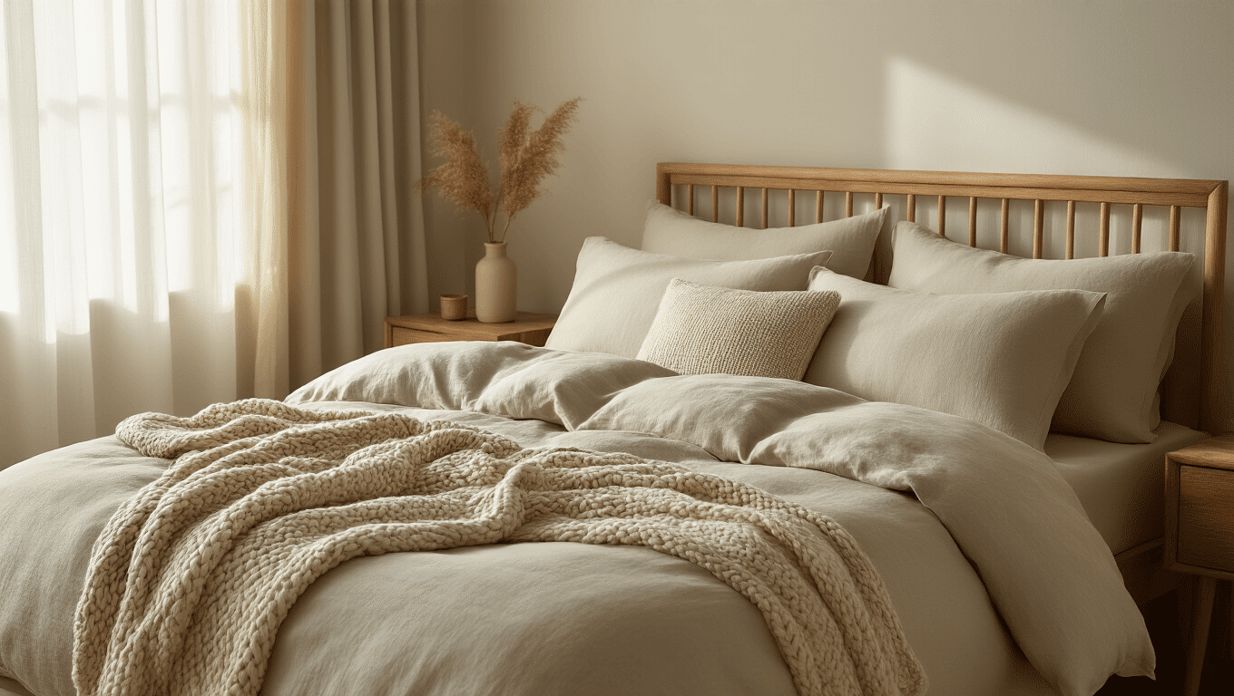 Ultra-realistic luxury bedroom featuring layered bamboo and linen bedding, memory foam pillows, and a chunky knit throw, bathed in warm morning light with a serene color palette of sage and cream, creating a cozy, inviting atmosphere.