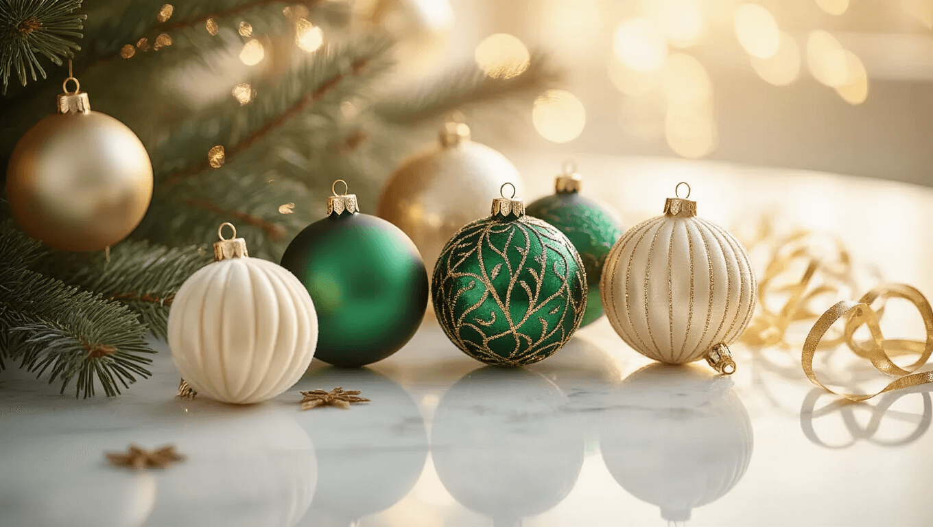 Cinematic close-up of luxurious emerald and champagne gold Christmas ornaments on white marble, highlighting intricate details and textures with warm lighting, shallow depth of field, and organic styling elements.