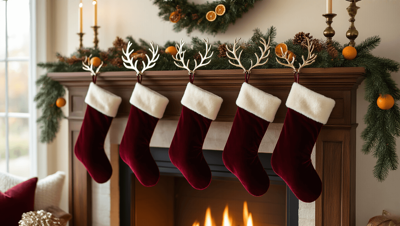 Elegant fireplace mantel adorned with brushed nickel reindeer stocking holders, rich burgundy velvet stockings, and a lush pine garland, featuring warm golden hour lighting and cozy living room atmosphere.