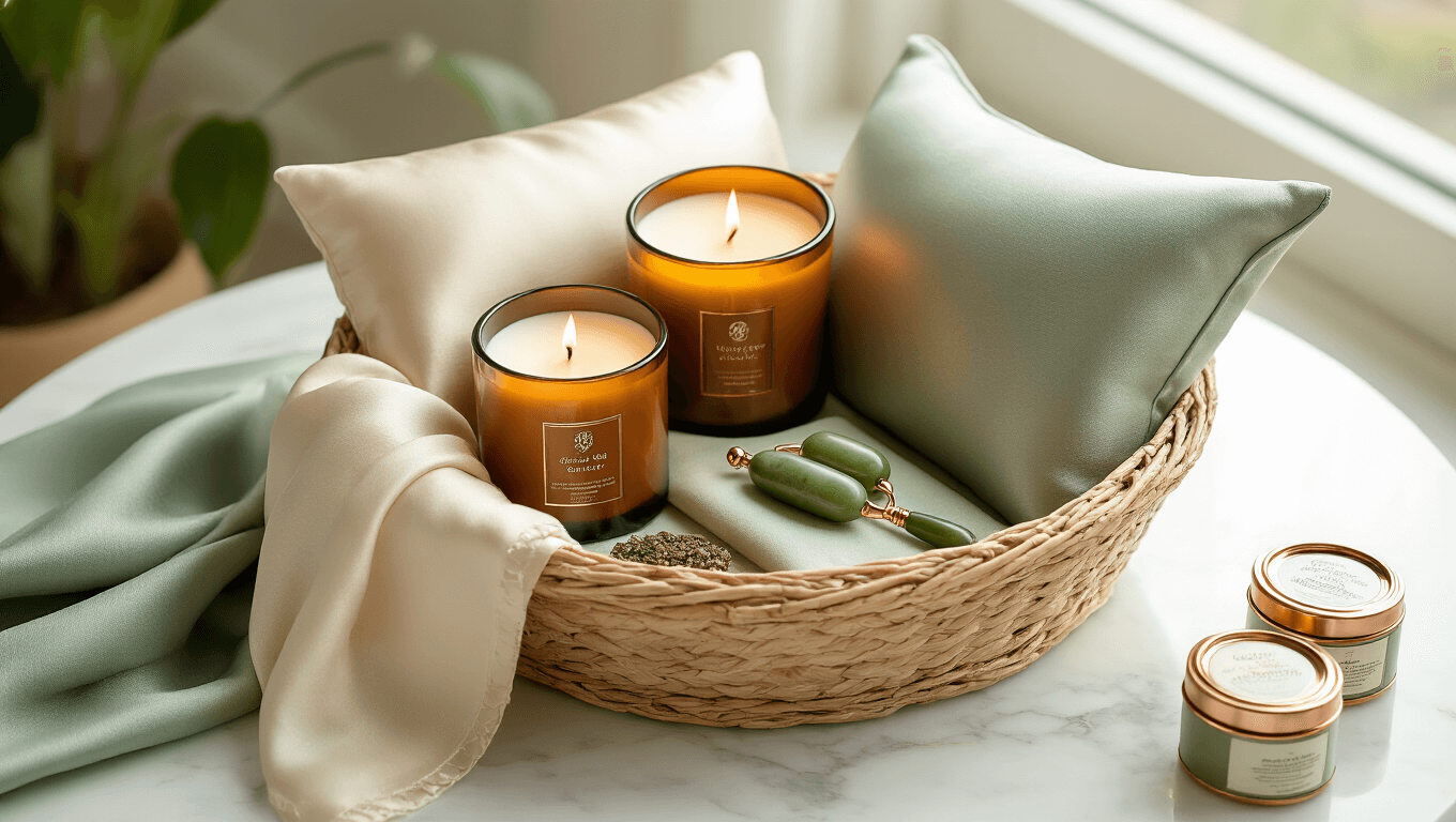 Cinematic overhead view of an elegant gift basket on white marble, featuring luxury candles, a jade roller, silk pillowcase, cashmere throw, and tea tins, with soft natural lighting and rich textures.