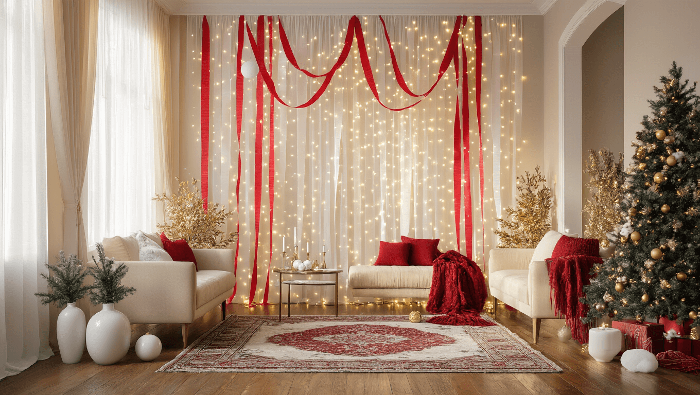 Cinematic holiday living room adorned with red and white streamers, warm white string lights, gold and burgundy ornaments, and artificial pine greenery, all bathed in golden hour sunlight.