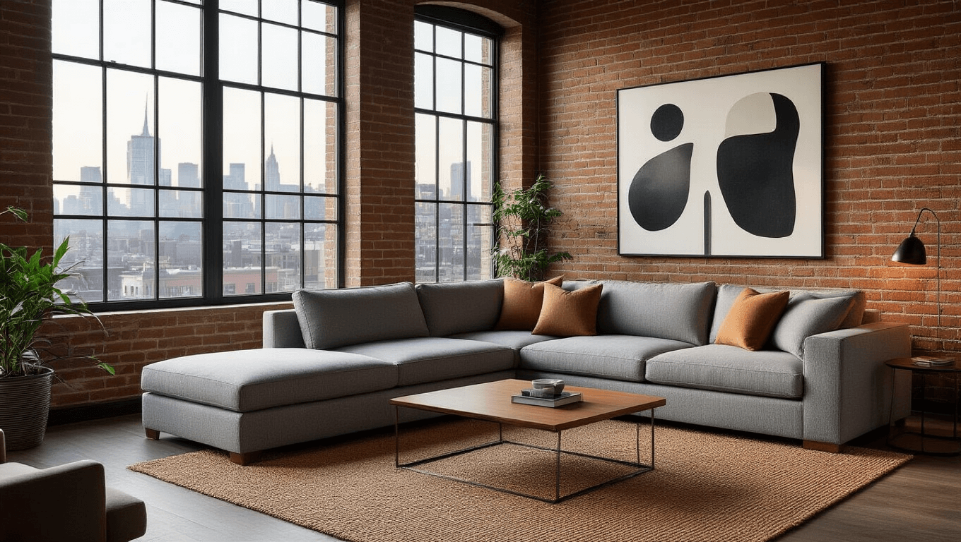 Ultra-realistic mid-century modern living room featuring a dove gray sectional sofa on a jute rug, black and white abstract art on an exposed brick wall, large windows with a city skyline view, and warm amber lighting.