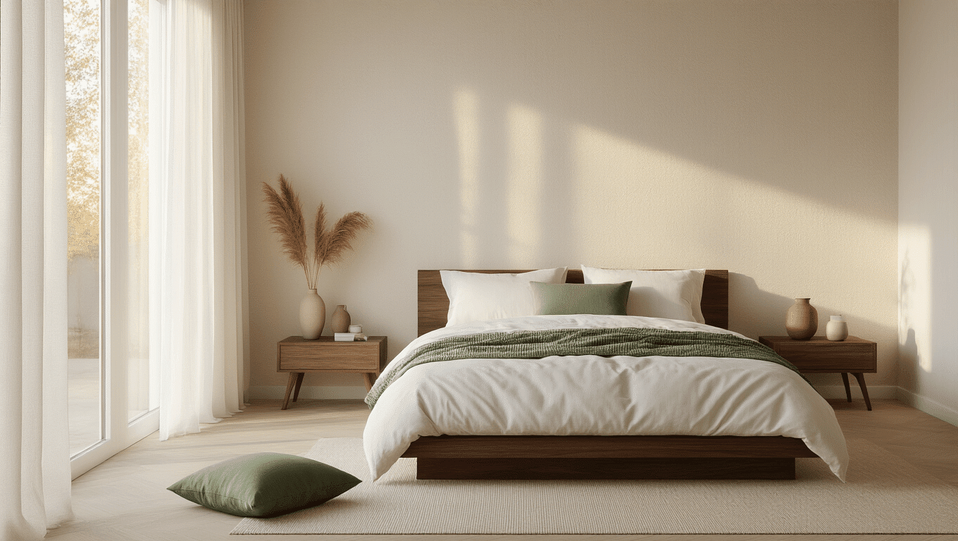 Cinematic wide-angle shot of a serene modern bedroom with cream textured wallpaper, walnut platform bed, white linen bedding, and gentle golden hour light filtering through sheer curtains. Minimalist decor includes geometric nightstands, ceramic vessels, sage green pillows, and a dried pampas grass stem on pale oak floors, creating an inviting and tranquil atmosphere.