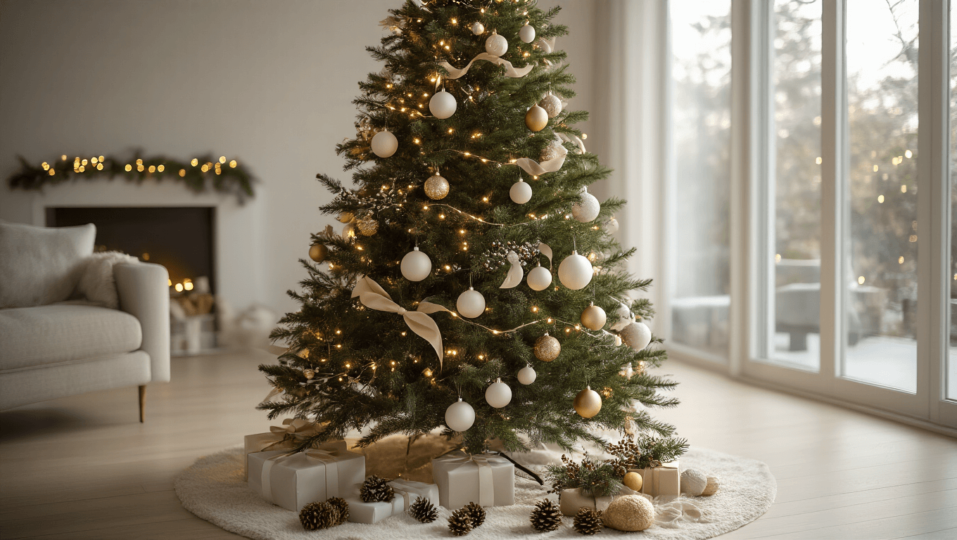 Elegant minimalist Christmas tree adorned with matte ornaments in a modern living room, featuring soft lighting and neutral decor.