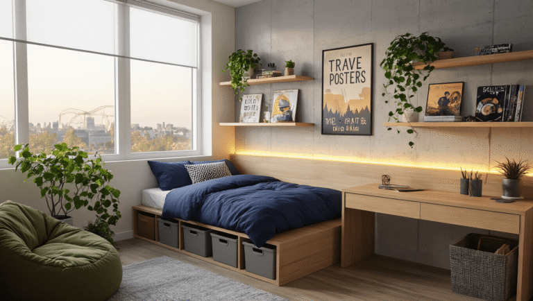 Ultra-realistic minimalist dorm room featuring wooden floating shelves with travel posters and a pothos plant, a raised bed with navy duvet and geometric pillows, a sleek desk with LED lighting, vintage album covers on concrete walls, and an olive green bean bag chair, all illuminated by warm golden hour light.
