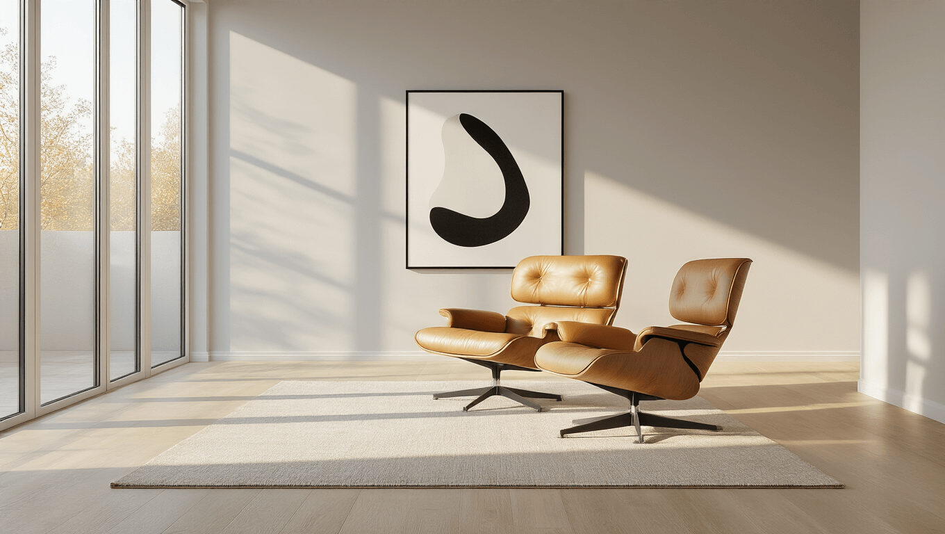 Cinematic wide-angle view of an ultra-minimalist living room featuring a tan leather Barcelona chair on a neutral rug, with large windows casting geometric shadows and soft morning light, highlighting clean lines and textures of wood and fabric.