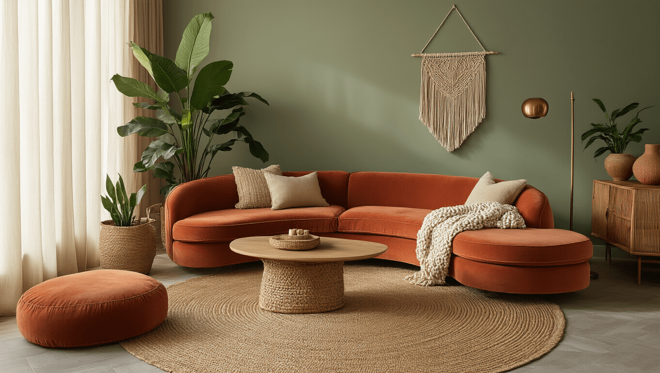 Cinematic wide shot of a modern boho living room with a terracotta velvet sofa, large monstera plant, sage green accent wall, wooden coffee table, layered rugs, and warm golden hour sunlight.