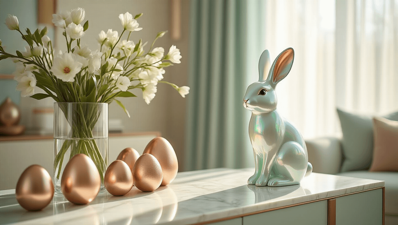Ultra-modern living room styled for Easter, featuring a mint green and gold color scheme, an iridescent bunny figurine on a marble console, copper egg sculptures, and mid-century modern furniture, all illuminated by gentle morning sunlight.