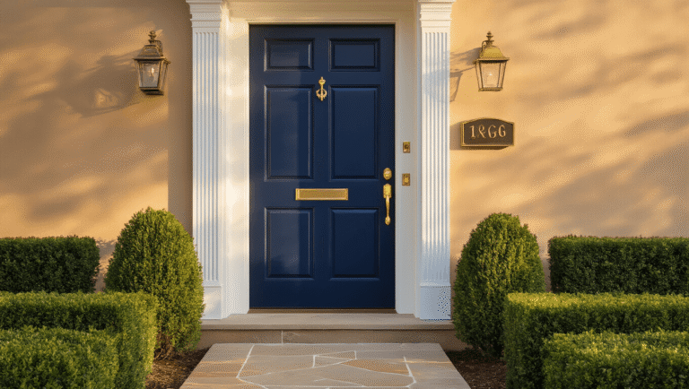Cinematic exterior shot of a navy blue front door with brass hardware on a tan colonial home, illuminated by golden hour light, surrounded by boxwood shrubs and a stone walkway, emphasizing warm textures and inviting atmosphere.