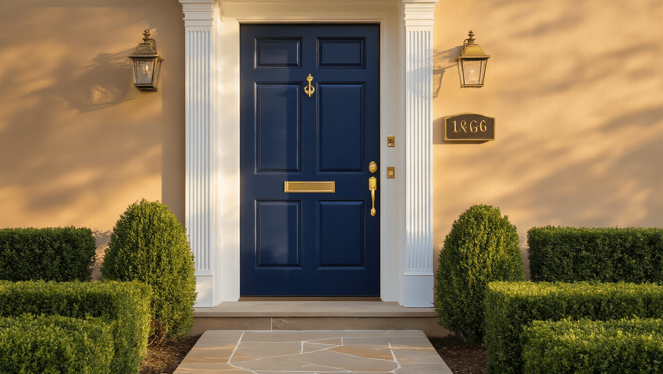Cinematic exterior shot of a navy blue front door with brass hardware on a tan colonial home, illuminated by golden hour light, surrounded by boxwood shrubs and a stone walkway, emphasizing warm textures and inviting atmosphere.