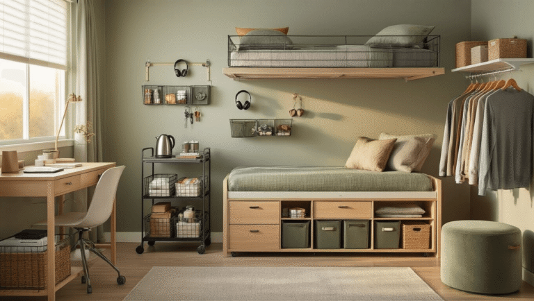 Cinematic overhead view of a neatly organized dorm room featuring effective storage solutions like over-the-door shoe organizers, Command hooks for headphones and keys, a three-tier rolling cart with an electric kettle, and a lofted bed with underbed storage. The room is illuminated by warm golden hour light, enhancing the soft shadows on sage green textiles and natural wood accents, with a clean minimalist aesthetic against muted gray walls.