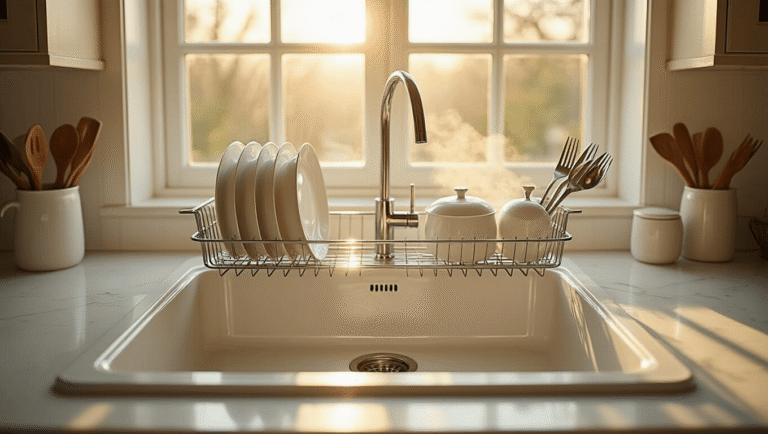 Cinematic overhead view of a stainless steel over-the-sink dish rack filled with glistening wet dishes, positioned above a white farmhouse sink, with golden hour sunlight creating dramatic shadows and highlighting polished chrome surfaces and white marble countertops.