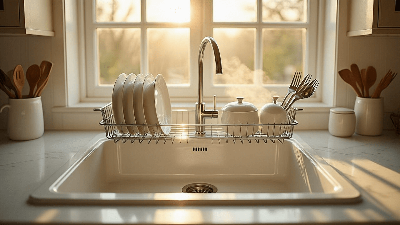 Cinematic overhead view of a stainless steel over-the-sink dish rack filled with glistening wet dishes, positioned above a white farmhouse sink, with golden hour sunlight creating dramatic shadows and highlighting polished chrome surfaces and white marble countertops.