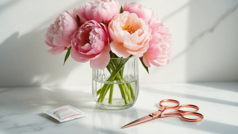 Cinematic close-up of blush pink and coral peonies in a glass vase with water, copper scissors beside them, on a white marble surface, soft lighting highlighting water droplets on petals and green stems, minimalist composition conveying a warm atmosphere.