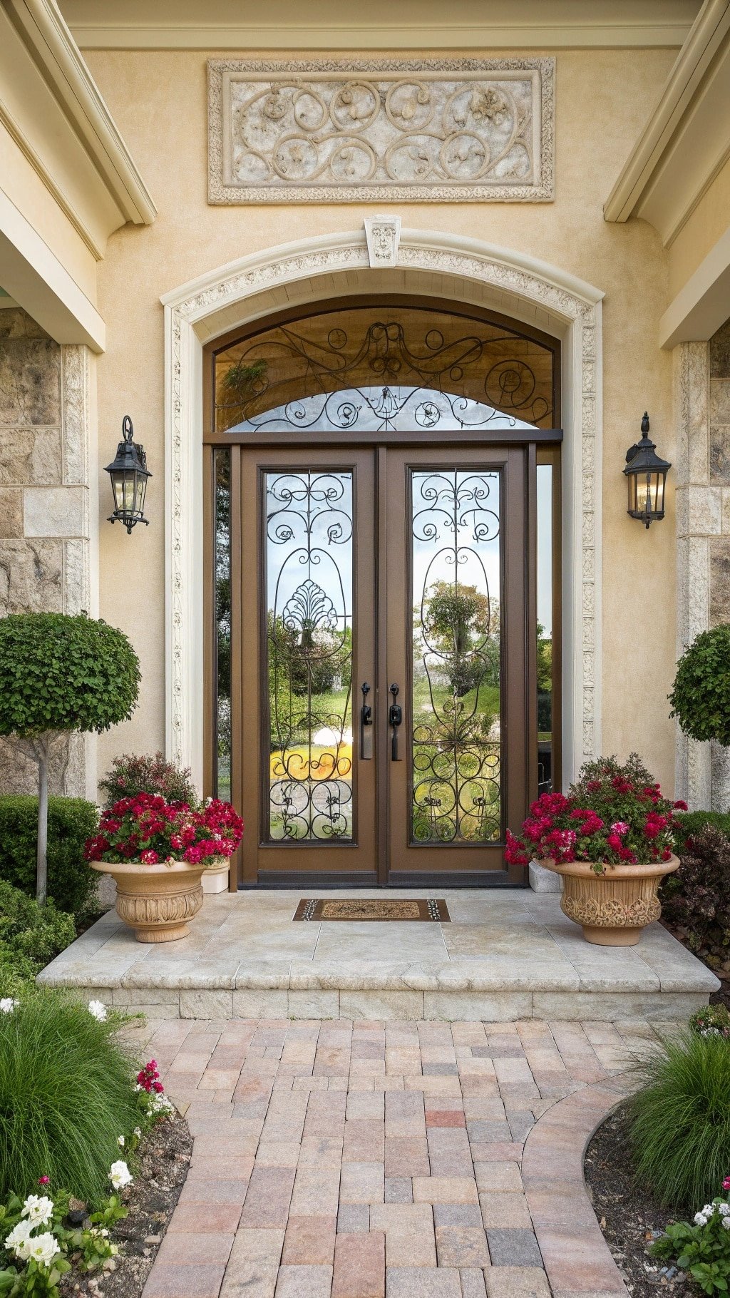 Elegant French doors with intricate designs, surrounded by flowers and a stone pathway. French Door