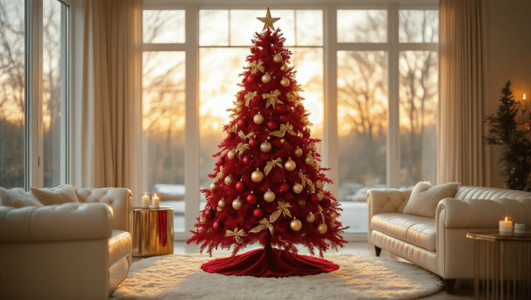 Cinematic shot of a crimson red Christmas tree decorated with gold ornaments in a luxurious living room, illuminated by warm golden hour light, with a snowy landscape visible through the windows.