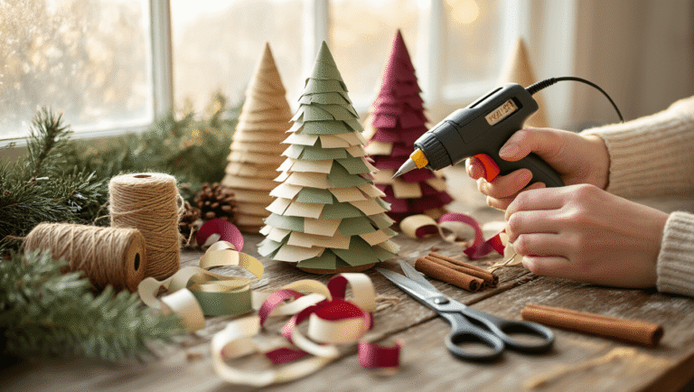 Cinematic close-up of a crafting scene featuring hands assembling ribbon Christmas trees on a weathered wooden table, surrounded by colorful ribbon scraps, a hot glue gun, scissors, and cinnamon sticks, with soft winter light creating a warm and cozy atmosphere.