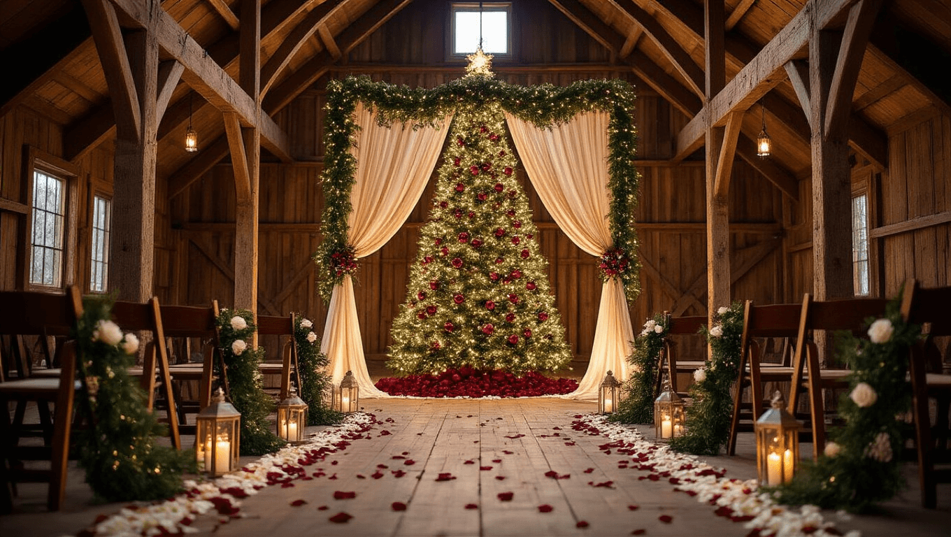 Wide angle shot of a luxurious winter wedding ceremony in a rustic barn, featuring a tall Christmas tree, elegant fabric arch, rose petal-strewn floor, and ambient candlelight, creating a romantic atmosphere.