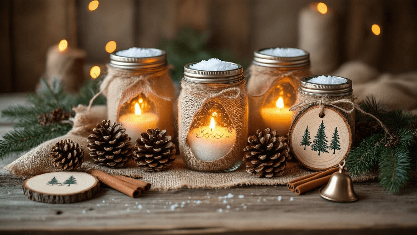 Cozy rustic Christmas vignette on weathered wood, featuring mason jars with warm lights and Epsom salt, natural pinecones, burlap ribbon, cinnamon stick bundles, evergreen sprigs, vintage brass bells, and hand-painted wood slice ornaments, with warm golden hour lighting and a cream and burgundy color palette.