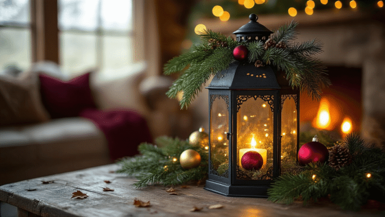 A close-up of a weathered black metal lantern filled with pine and cedar greenery, adorned with gold and burgundy ornaments and glowing fairy lights, set against a rustic wood surface with scattered pine needles, all bathed in warm ambient light from a nearby fireplace.