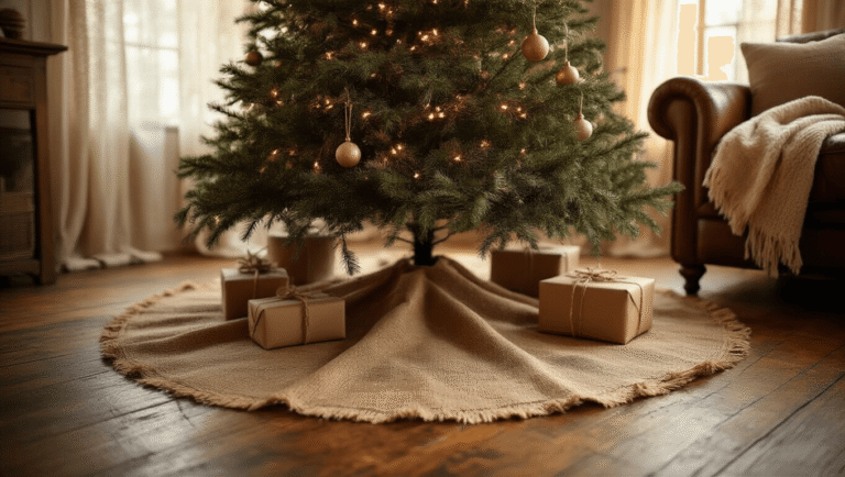 A rustic Christmas tree adorned with a burlap skirt sits on rich hardwood floors, illuminated by warm golden hour light. Vintage lace curtains filter the glow, while chunky knit throws drape over leather furniture. Antique brass candle holders create soft shadows, and scattered pine needles complement wrapped gifts in kraft paper and twine, all within a cozy cream and brown farmhouse interior.