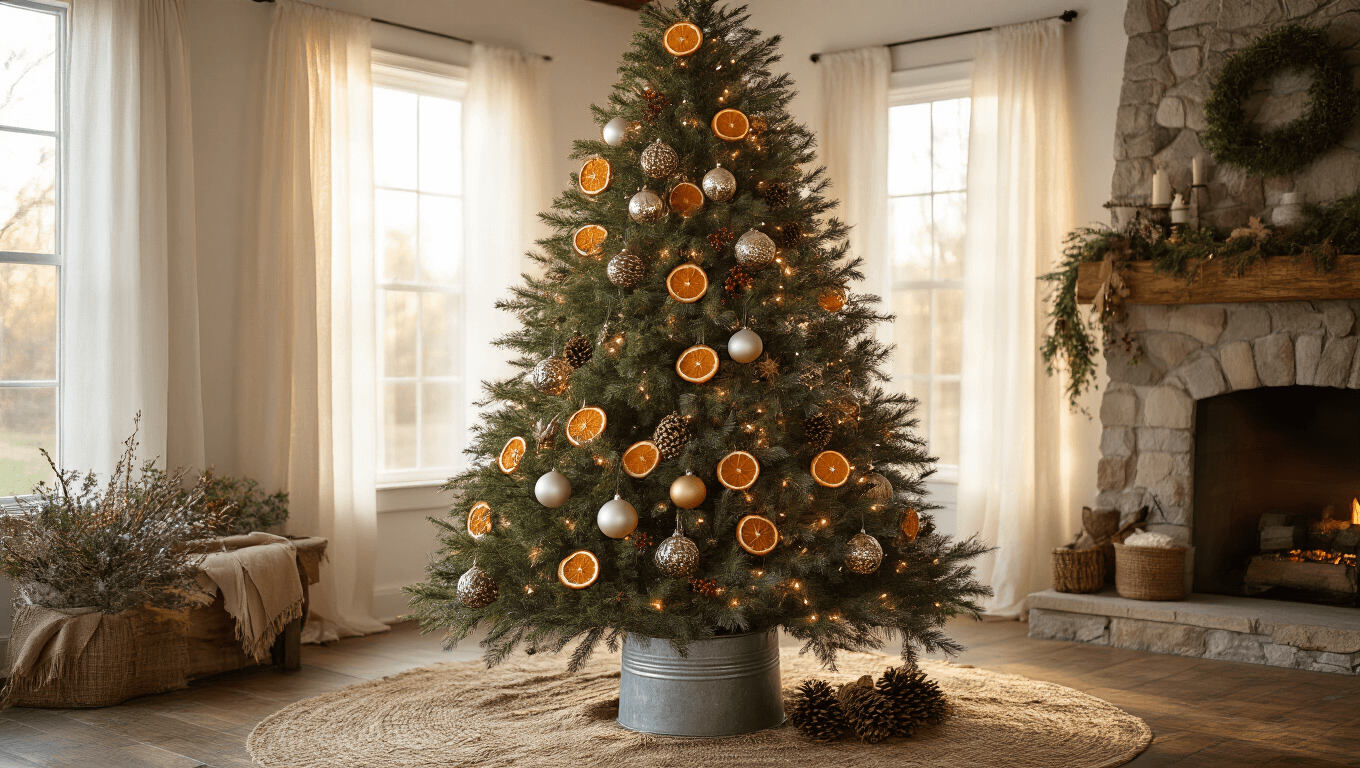 A cozy farmhouse living room featuring a majestic 9-foot Fraser fir Christmas tree adorned with vintage ornaments, dried orange slices, fresh pinecones, and burlap ribbon garlands, all illuminated by warm white lights and golden hour sunlight.