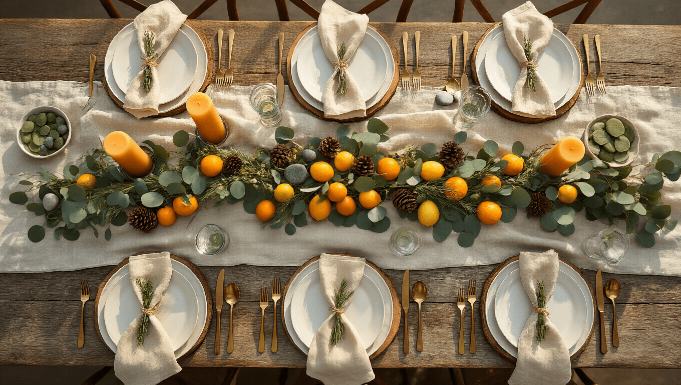 Ultra-realistic overhead shot of a rustic farmhouse dining table with eucalyptus garland centerpiece, citrus fruits, candles, and natural textures in warm golden hour lighting.