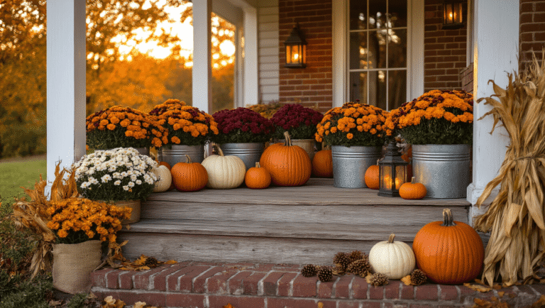 A welcoming rustic farmhouse porch adorned with orange and white pumpkins, burgundy chrysanthemums, vintage lanterns, and dried corn stalks, bathed in warm golden hour light, creating a cozy autumn atmosphere.