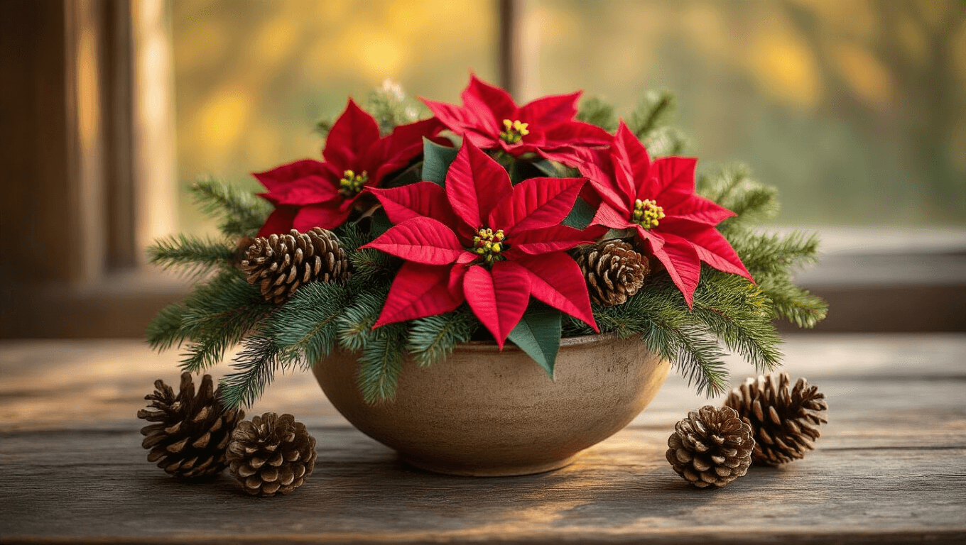 Rustic ceramic bowl overflowing with vibrant red poinsettias, natural pinecones, and fresh evergreen clippings on a weathered wood surface, illuminated by warm golden afternoon light.