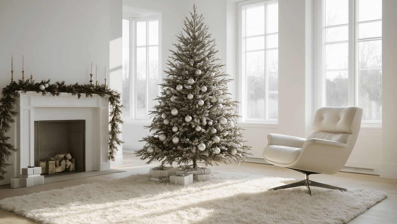 Cinematic interior of a minimalist Scandinavian living room decorated for Christmas, featuring a modern Christmas tree with silver ornaments, a cream wool rug, and a mid-century leather chair, all bathed in warm natural daylight.