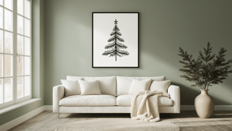 A sunlit Scandinavian living room with sage green walls, featuring a minimalist black-framed Christmas tree illustration above a white linen sofa, with warm lighting, weathered wooden floors, and fresh pine branches in a ceramic vase.