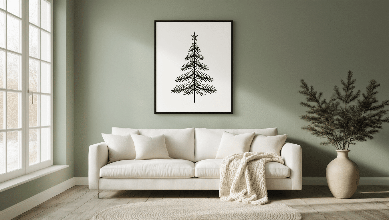 A sunlit Scandinavian living room with sage green walls, featuring a minimalist black-framed Christmas tree illustration above a white linen sofa, with warm lighting, weathered wooden floors, and fresh pine branches in a ceramic vase.