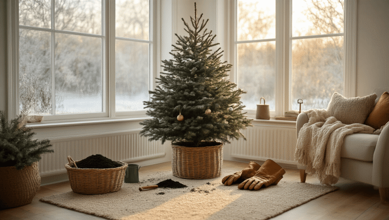 Cinematic wide-angle shot of a cozy Scandinavian living room featuring a live Christmas tree in a woven basket by frost-kissed bay windows, illuminated by golden morning light, with rich hardwood floors, a textured beige wool rug, scattered pine needles, rustic planting tools, and a warm neutral color palette.