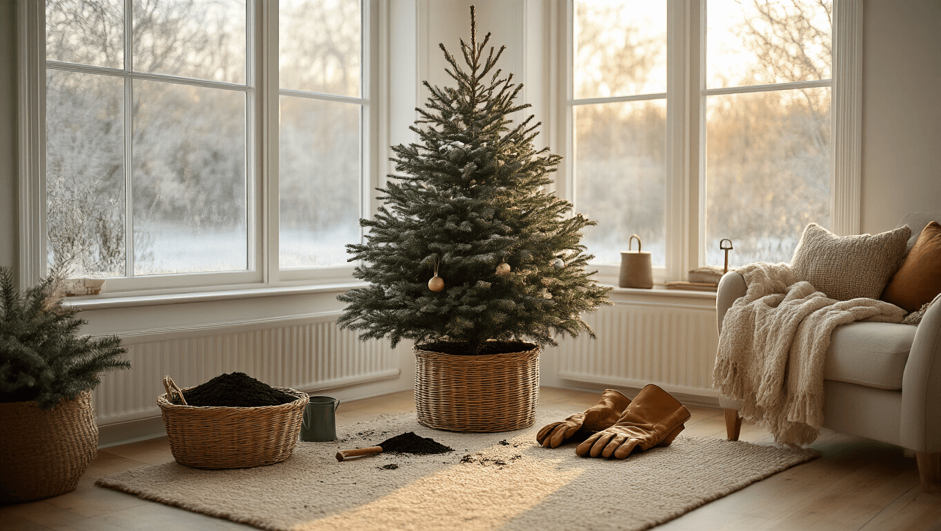 Cinematic wide-angle shot of a cozy Scandinavian living room featuring a live Christmas tree in a woven basket by frost-kissed bay windows, illuminated by golden morning light, with rich hardwood floors, a textured beige wool rug, scattered pine needles, rustic planting tools, and a warm neutral color palette.
