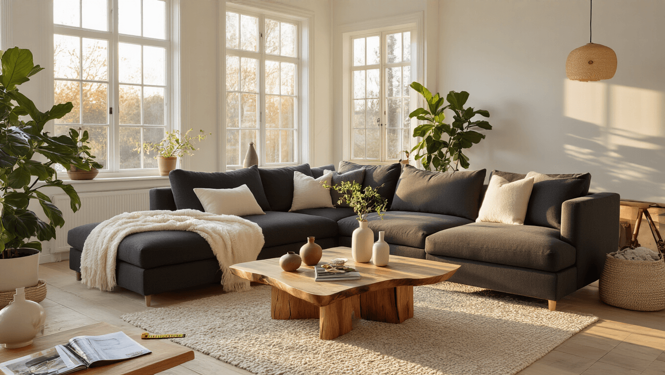 Cinematic wide-angle view of a stylish Scandinavian living room at golden hour, showcasing blonde wood floors, white walls, a charcoal sectional with cream throws, a live-edge walnut coffee table with ceramic vessels and plants, and cozy decor elements, all illuminated by warm natural light.