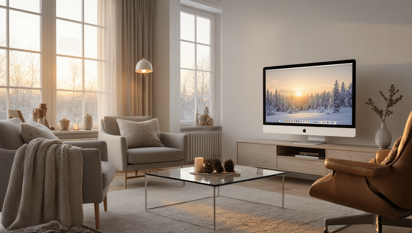 Ultra-detailed Scandinavian living room in golden hour light, featuring an iMac with snowy landscape wallpaper, mid-century modern furniture, cashmere throw, and cozy winter decor.