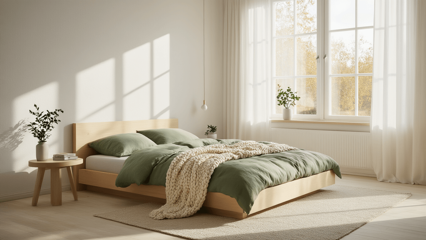 Cinematic wide-angle shot of a serene Scandinavian minimalist bedroom featuring a birch wood platform bed with sage green linen bedding, cream wool knit throw, and soft morning light streaming through oversized windows with sheer curtains.