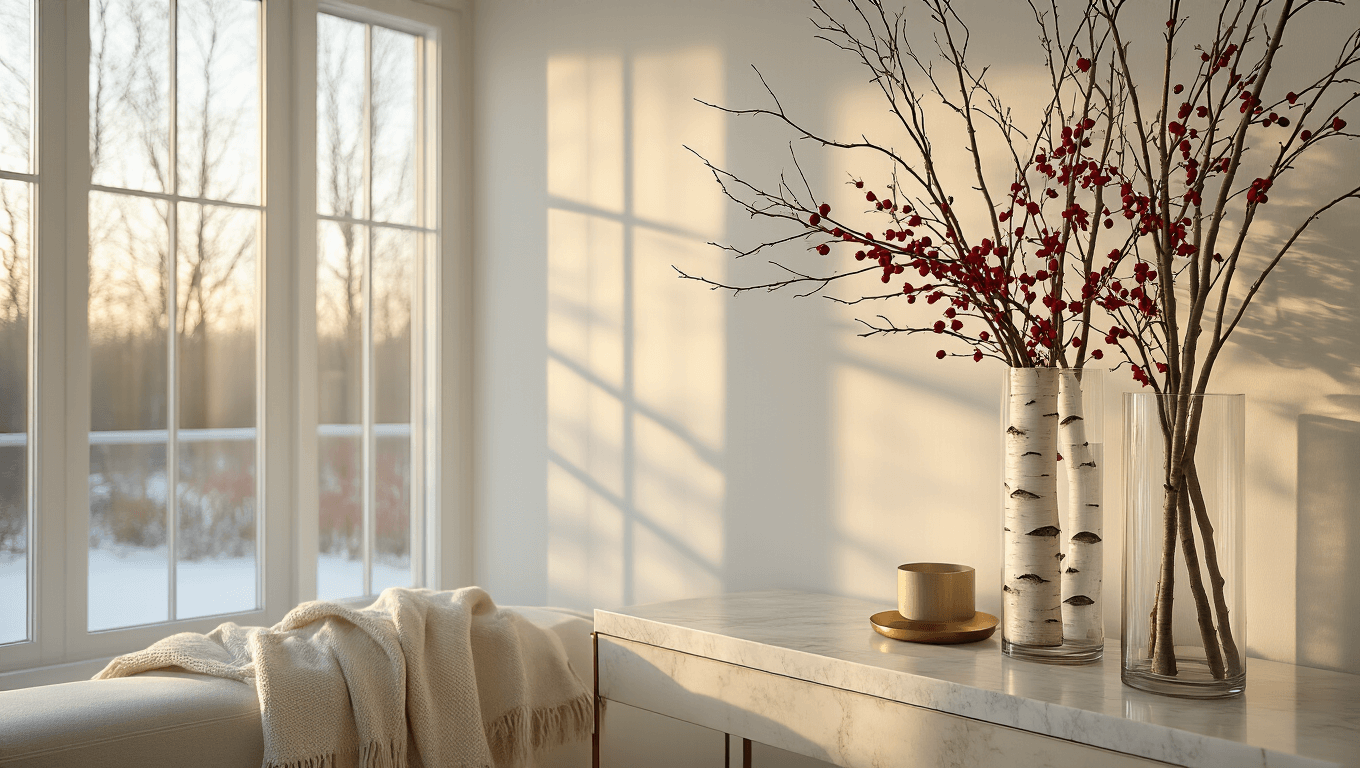Cinematic wide-angle shot of a Scandinavian living room with tall glass vases filled with curly willow and red twig dogwood branches on a marble console, illuminated by soft morning light filtering through large windows, highlighting white birch branches and warm brass accents against a neutral palette.