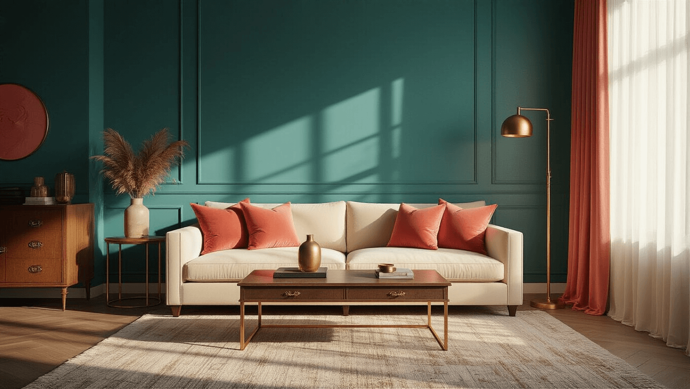 Sophisticated living room with deep teal accent wall, cream velvet sofa adorned with coral throw pillows, warm golden sunlight filtering through sheer curtains, natural wood coffee table with brass details, elegant gold floor lamp, and textured neutral-toned area rug, creating an inviting atmosphere with strategic color pops.