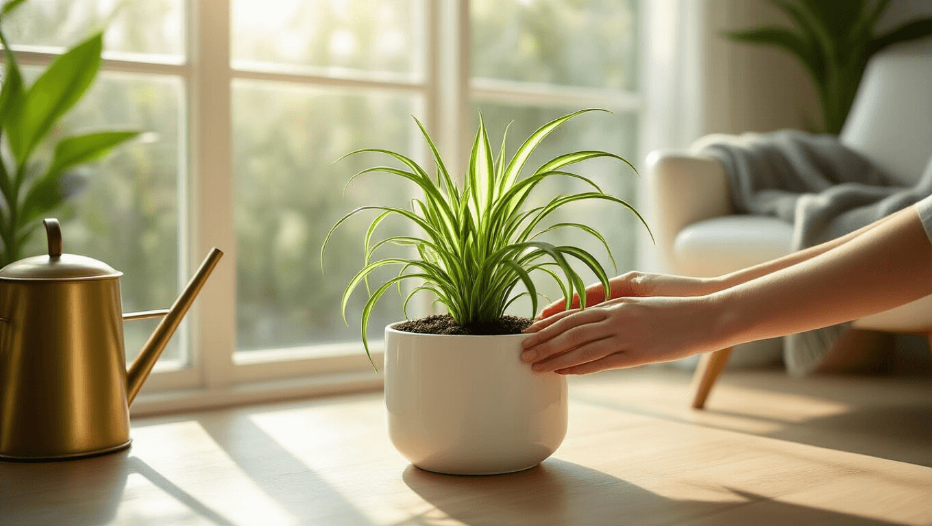 Close-up of hands testing soil moisture in a white ceramic planter with a lush spider plant, sunlight streaming through an arched window, showcasing a warm, inviting atmosphere with soft shadows, a mid-century modern chair, and a brass watering can nearby.