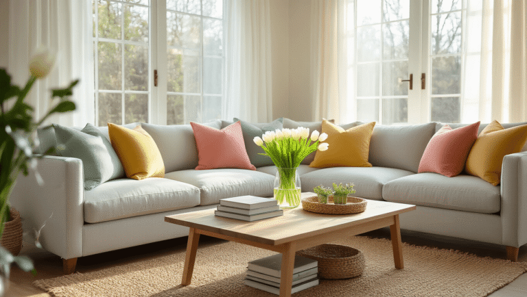 Cinematic wide shot of a bright spring living room with light grey sectional and pastel pillows, natural wood coffee table with art books and white tulips, woven jute rug, flowing white curtains, and warm golden hour sunlight creating a cozy atmosphere.