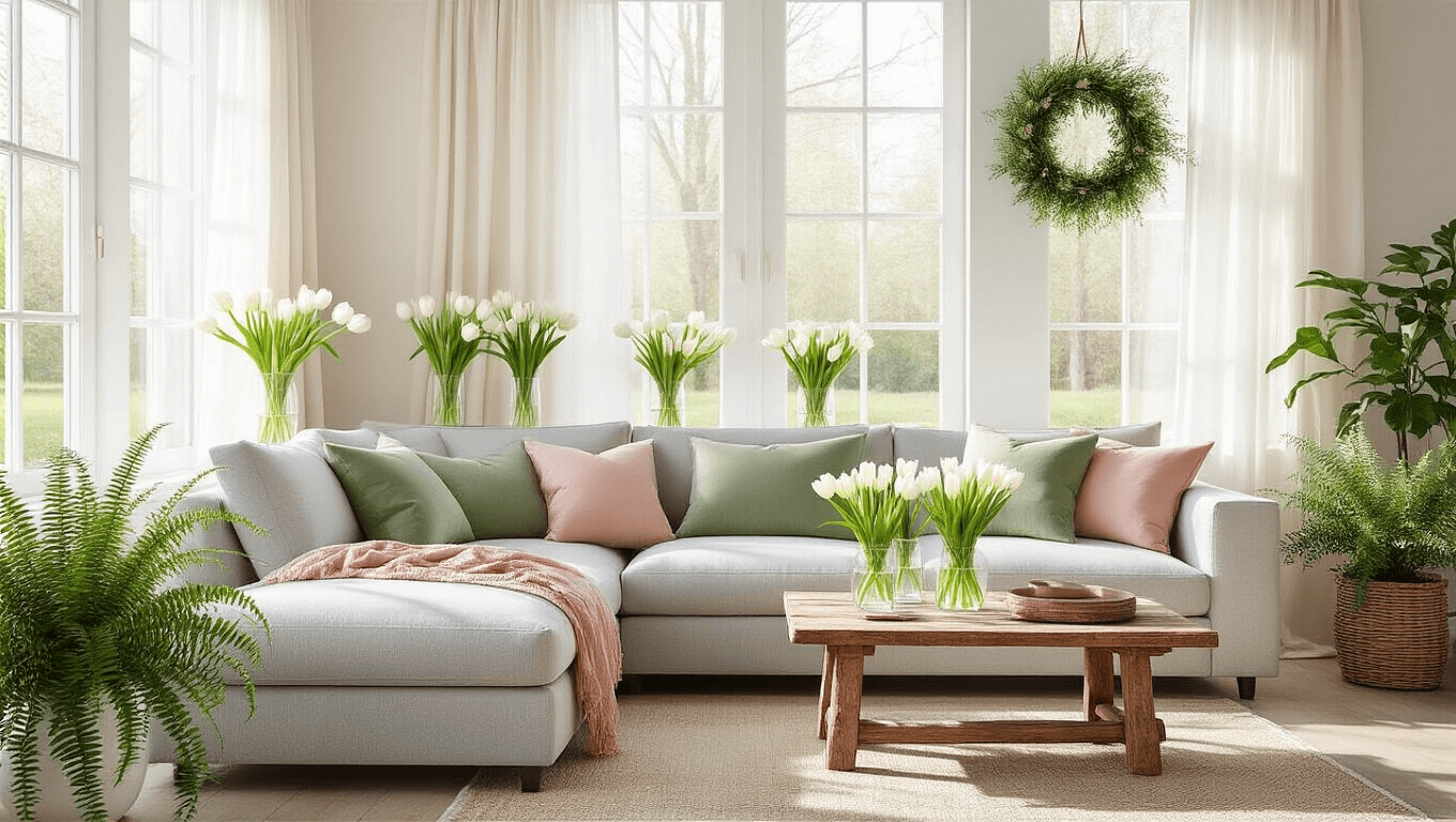 A bright and airy spring living room featuring a light gray sectional sofa adorned with sage green and blush pillows, a reclaimed wood coffee table, white tulips in glass vases, potted ferns, and warm wooden flooring, all illuminated by soft morning sunlight filtering through sheer ivory curtains.