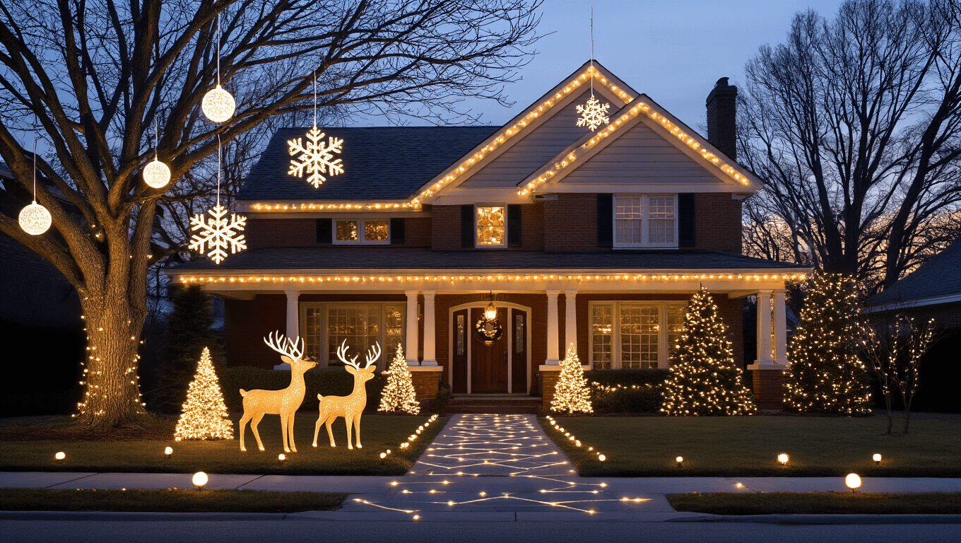 Cinematic twilight shot of a beautifully decorated suburban home with warm white C7 and C9 bulbs outlining the roof, illuminated snowflake decorations, glowing light balls in an oak tree, animated cone-shaped light trees by the walkway, LED pathway lights, and a three-piece reindeer family near a mailbox, all set against a deep blue sky with golden hour lighting.