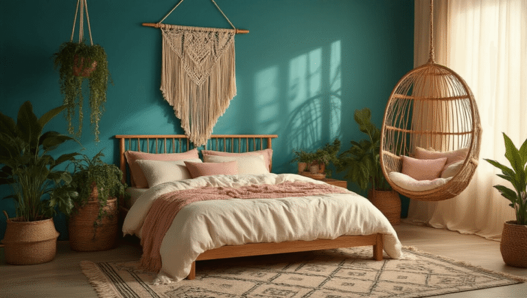 Cinematic shot of a cozy teal boho bedroom with a wood platform bed, layered cream and blush bedding, macramé wall hangings, plants, a rattan chair, and warm ambient lighting during golden hour.